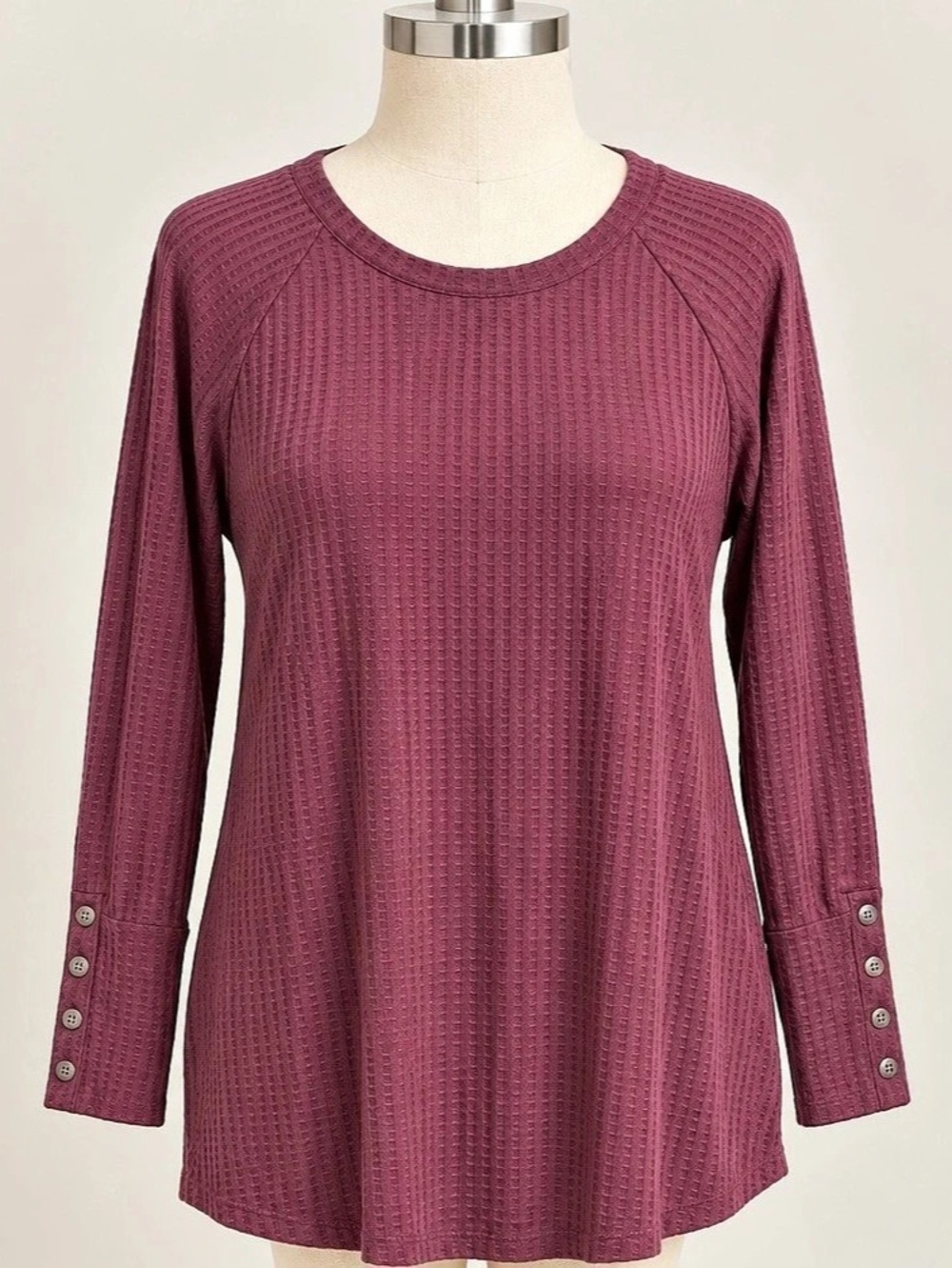 Chaser Women’s L Burgundy Waffle Knit Thermal Top Raglan Button Cuff Tunic